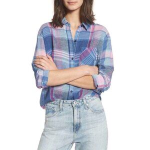 RAILS Charli Button Down Linen Shirt Women's in Laguna Coast Azalea